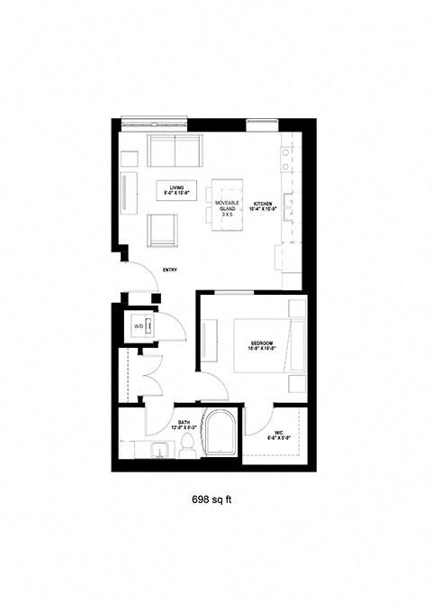 Floor plan for 1 bed, 1 bath, 698 sqft